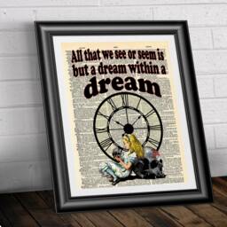 Art Print On Dictionary Book Page Alice in Wonderland. Gothic Steampunk Dream Quotation Antique Print. Dark Artwork Quote - thumbnail 2