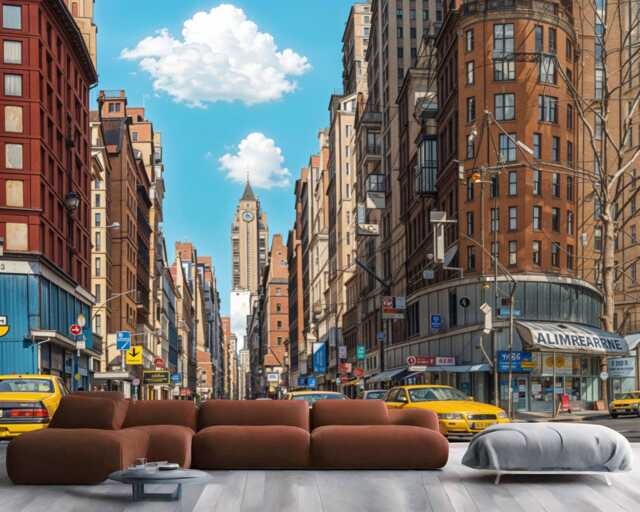 New York City Street Drawing Wallpaper Mural, Yellow Taxi Art Print Peel & Stick - image 1