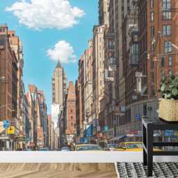 New York City Street Drawing Wallpaper Mural, Yellow Taxi Art Print Peel & Stick - thumbnail 3