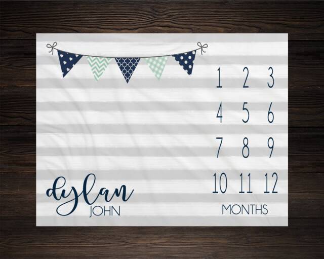 Boy Milestone Blanket Month Baby Growth Tracker Soft Fleece Shower Newborn Gift Watch Me Grow Gray Stripes - image 1