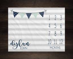 Boy Milestone Blanket Month Baby Growth Tracker Soft Fleece Shower Newborn Gift Watch Me Grow Gray Stripes - thumbnail 1