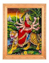 Sherawali Mata Silver Zari Art Work Photo in Golden Frame Big - 14 X 18 Inches Religious Gifting - thumbnail 1
