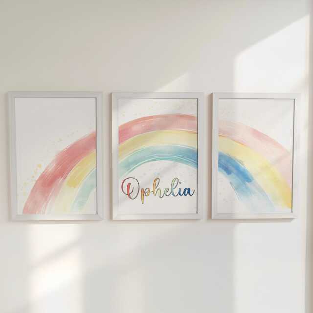 Rainbow Personalised Set Of 3 Kids Prints, Boys Custom Name Posters, Watercolour Decor Wall Art Gift For Girls Nursery, Bedroom Or Playroom - image 1
