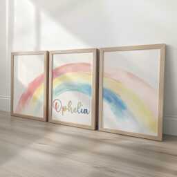 Rainbow Personalised Set Of 3 Kids Prints, Boys Custom Name Posters, Watercolour Decor Wall Art Gift For Girls Nursery, Bedroom Or Playroom - thumbnail 2