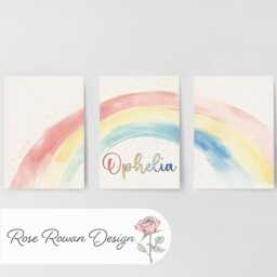 Rainbow Personalised Set Of 3 Kids Prints, Boys Custom Name Posters, Watercolour Decor Wall Art Gift For Girls Nursery, Bedroom Or Playroom - thumbnail 3