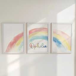 Rainbow Personalised Set Of 3 Kids Prints, Boys Custom Name Posters, Watercolour Decor Wall Art Gift For Girls Nursery, Bedroom Or Playroom - thumbnail 1