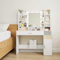 White Vanity Dressing Table Led Mirror Makeup Desk With Drawers, Storage Cabinet & Open Shelves