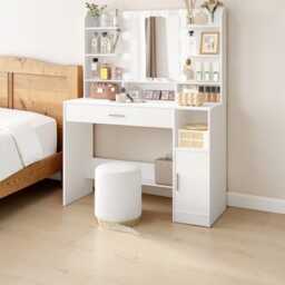 White Vanity Dressing Table Led Mirror Makeup Desk With Drawers, Storage Cabinet & Open Shelves - thumbnail 2
