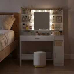 White Vanity Dressing Table Led Mirror Makeup Desk With Drawers, Storage Cabinet & Open Shelves - thumbnail 3