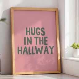 Hugs in The Hallway Art Print, Entryway Wall Decor, Family Home Dusty Pink & Green - thumbnail 2