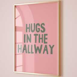 Hugs in The Hallway Art Print, Entryway Wall Decor, Family Home Dusty Pink & Green - thumbnail 1