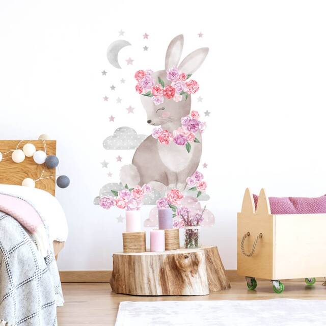 Wall Decor Rabbit Pink, Kids Room Wall Art, Animal Wallpaper, Girl Decor, Baby Decals - image 1