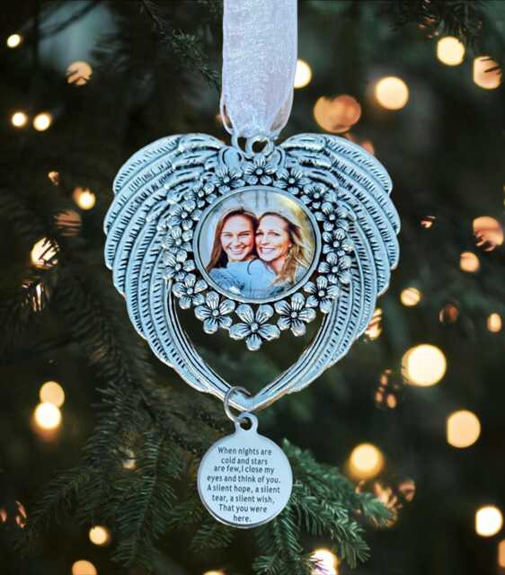 Photo Memorial Christmas Tree Charm Personalised Image Bauble Decoration, Angel Wings Ornament in Loving Memory Gift - image 1