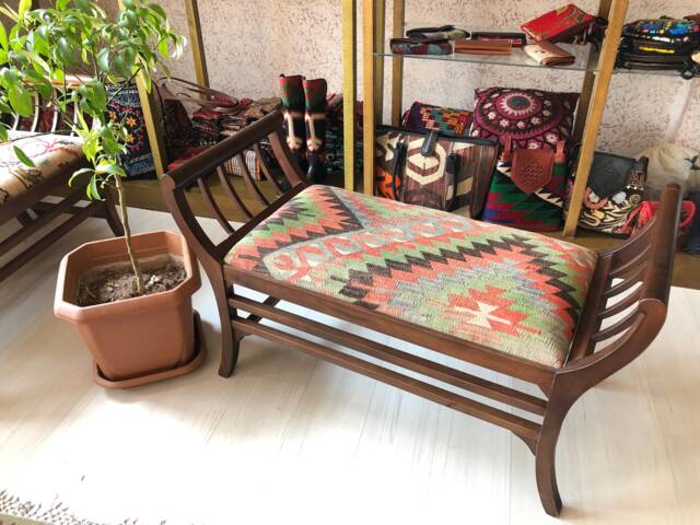 Vintage Kilim Ottoman Bench, Beech Wood Stool, Shellac Polished - image 1