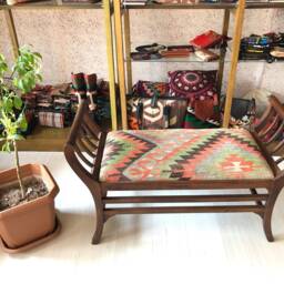 Vintage Kilim Ottoman Bench, Beech Wood Stool, Shellac Polished - thumbnail 3