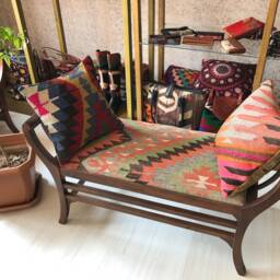 Vintage Kilim Ottoman Bench, Beech Wood Stool, Shellac Polished - thumbnail 4