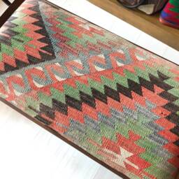 Vintage Kilim Ottoman Bench, Beech Wood Stool, Shellac Polished - thumbnail 2