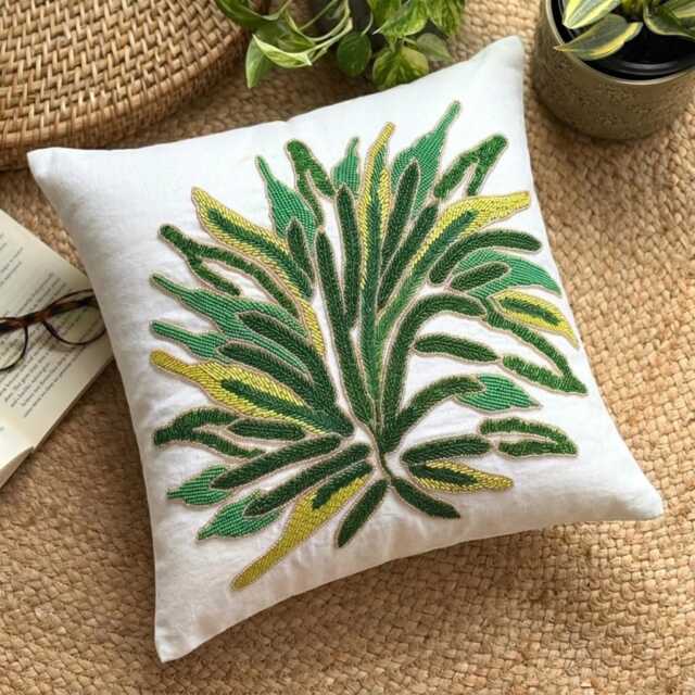 Green Linen, Beaded Nature & Floral Pattern, Modern Throw Pillow Cover/Euro Sham - Shrub - image 1