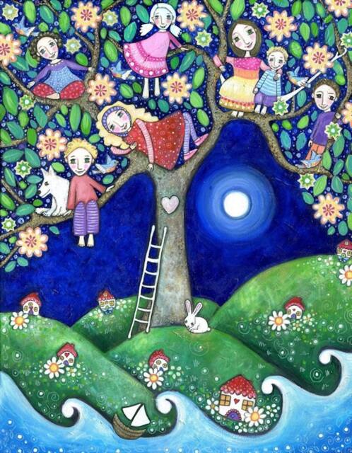 Summer House Art Print, Children in Tree, Whimsical Nursery Decor - image 1