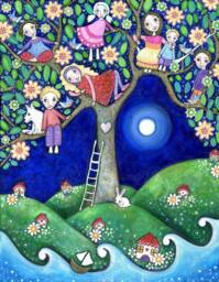 Summer House Art Print, Children in Tree, Whimsical Nursery Decor - thumbnail 1