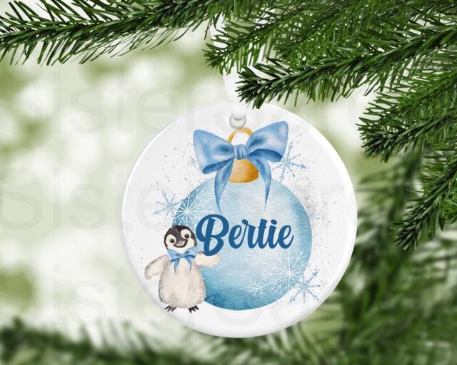 Kids Christmas Baby Girls Boys Personalised Bauble Gift Present Keepsake Penguin Tree Xmas Daughter Son Nephew Niece - image 1