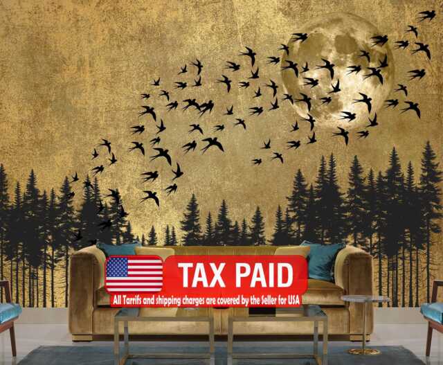 Japanese Moon Forest Birds Art Print, Peel & Stick Wallpaper Mural - image 1