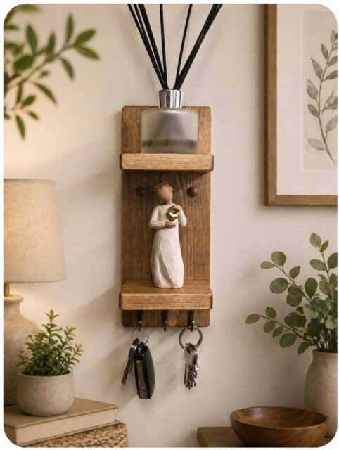 Handmade Oak Waxed Key Holder Double Shelf & Choice Of 3 Wax & Hook Finishes - image 1
