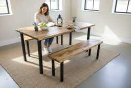 Industrial Steel Vertical Leg Straight Edge Rustic Dining Table - thumbnail 1