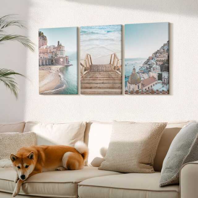 Canvas Set Of 3 Wall Art - Summer Pastel Views With Seaside Architecture & Beach, Blue Photo Print, Landscapes Decor - image 1