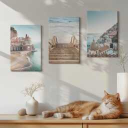 Canvas Set Of 3 Wall Art - Summer Pastel Views With Seaside Architecture & Beach, Blue Photo Print, Landscapes Decor - thumbnail 3