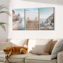 Canvas Set Of 3 Wall Art - Summer Pastel Views With Seaside Architecture & Beach, Blue Photo Print, Landscapes Decor - thumbnail 1