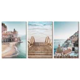 Canvas Set Of 3 Wall Art - Summer Pastel Views With Seaside Architecture & Beach, Blue Photo Print, Landscapes Decor - thumbnail 2