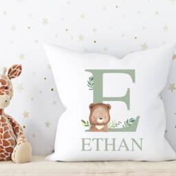 Personalised Sage Green Bear Cushion, Baby Nursery, Safari Bedroom, Woodland Gift For Newborn, Accessories Boys - thumbnail 2