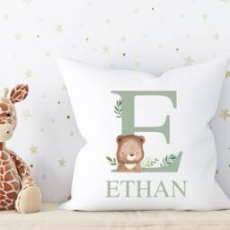 Personalised Sage Green Bear Cushion, Baby Nursery, Safari Bedroom, Woodland Gift For Newborn, Accessories Boys - thumbnail 4