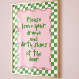 Please Leave Your Drama & Dirty Shoes At The Door Art Print, Hallway Typography Wall Art, Funky Green & Pink Entryway Decor - thumbnail 3