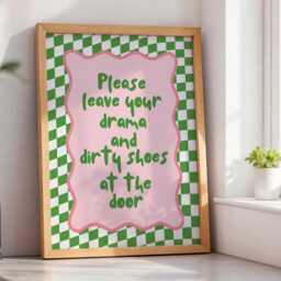 Please Leave Your Drama & Dirty Shoes At The Door Art Print, Hallway Typography Wall Art, Funky Green & Pink Entryway Decor - thumbnail 1