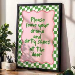 Please Leave Your Drama & Dirty Shoes At The Door Art Print, Hallway Typography Wall Art, Funky Green & Pink Entryway Decor - thumbnail 2