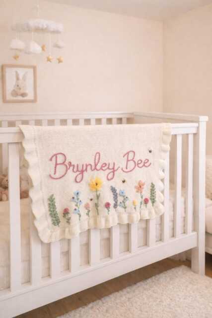 Personalized Hand Embroidered Baby Name Blanket - Girls Gift Custom Cream White Neutral Newborn Flowers Floral - image 1
