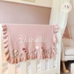 Personalized Hand Embroidered Baby Name Blanket - Girls Gift Custom Cream White Neutral Newborn Flowers Floral - thumbnail 2