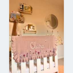 Personalized Hand Embroidered Baby Name Blanket - Girls Gift Custom Cream White Neutral Newborn Flowers Floral - thumbnail 3