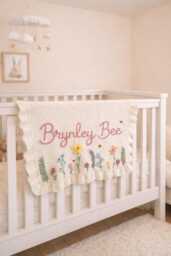 Personalized Hand Embroidered Baby Name Blanket - Girls Gift Custom Cream White Neutral Newborn Flowers Floral - thumbnail 1