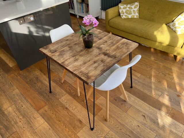 Handmade Reclaimed Wood Dining Table - Rustic Industrial Square Scaffold Board With Hairpin Legs - image 1