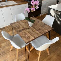Handmade Reclaimed Wood Dining Table - Rustic Industrial Square Scaffold Board With Hairpin Legs - thumbnail 3