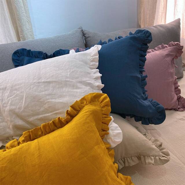 Set Of Two Shabby Chic 100% Linen Pillowcases Ruffled - image 1