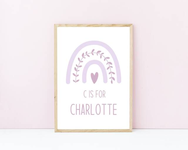 Lilac Nursery Rainbow, Personalised Baby Girl Bedroom Prints, Keepsake Gift Idea, Decor, Girls Violet Name Print - image 1