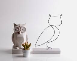 Handmade Owl Wire Sculpture Minimalist Line Art, Concrete Base - thumbnail 1