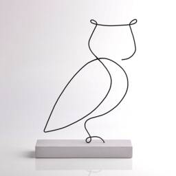Handmade Owl Wire Sculpture Minimalist Line Art, Concrete Base - thumbnail 2
