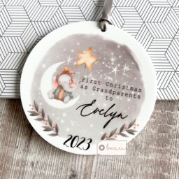 Personalised First Christmas As Grandparents Gran Grandma Nanna New Baby Moon Stars Design Ceramic Or Acrylic Round Ornament Keepsake