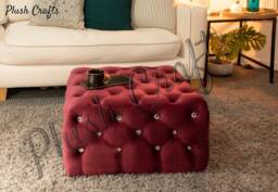 Brand New Handmade Maroon Footstool/Coffee Table With Diamond Buttons, Made To Order