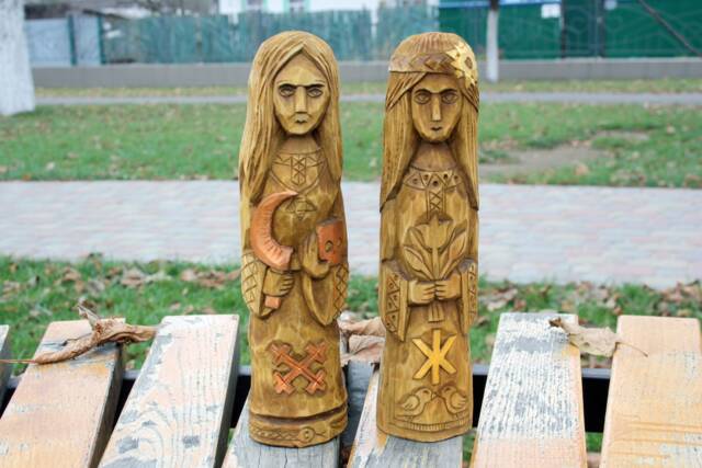 Hand-Carved Linden Wood Statue Slavic Goddesses Morana & Zhiva - image 1